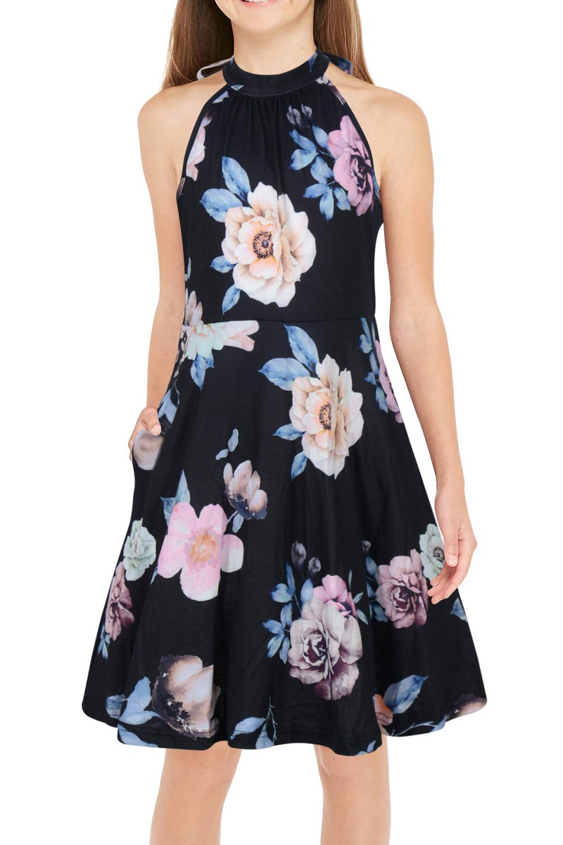 GORLYA Girl's Halter Neck Cold Shoulder Sleeveless Summer Casual Sundress A-line Dress with Pockets (GOR1013, 14Y, Black Print) - Image 1